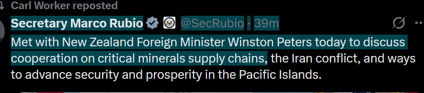 Gregatnelson's tweet photo. There it is, the REAL reason peters @MFATNZ  has gone to America, that was why they invited him, they do not give a shit about anything else.

This govt continues to be America's bitch in the Pacific https://t.co/P2GgKcphzB