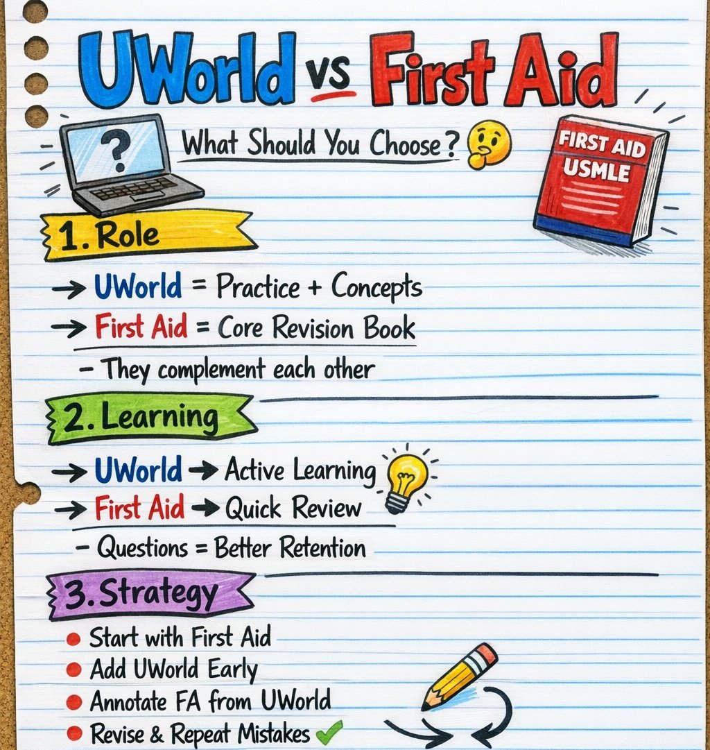 aaraofficial1's tweet image. UWorld vs First Aid
 
1. Role • UWorld = Practice + concepts
• First Aid = Core revision book
• They complement each other

2. Learning • UWorld → Active learning
• First Aid → Quick review
• Questions = better retention

#USMLE #Step1 #Step2CK #UWorld #FirstAid