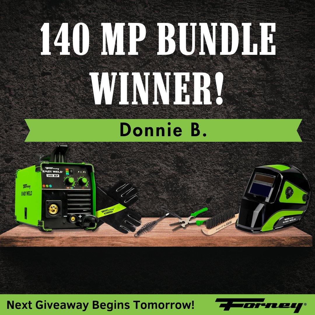 Congratulations to Donnie B. on winning our Forney Easy Weld 140 MP Bundle! Our next giveaway starts tomorrow and you enter on our Facebook or Instagram!

instagram.com/forneyind
facebook.com/forneyind

#ForneyInd #Giveaway #NationalWeldingMonth #WeldingGiveaway #Welding