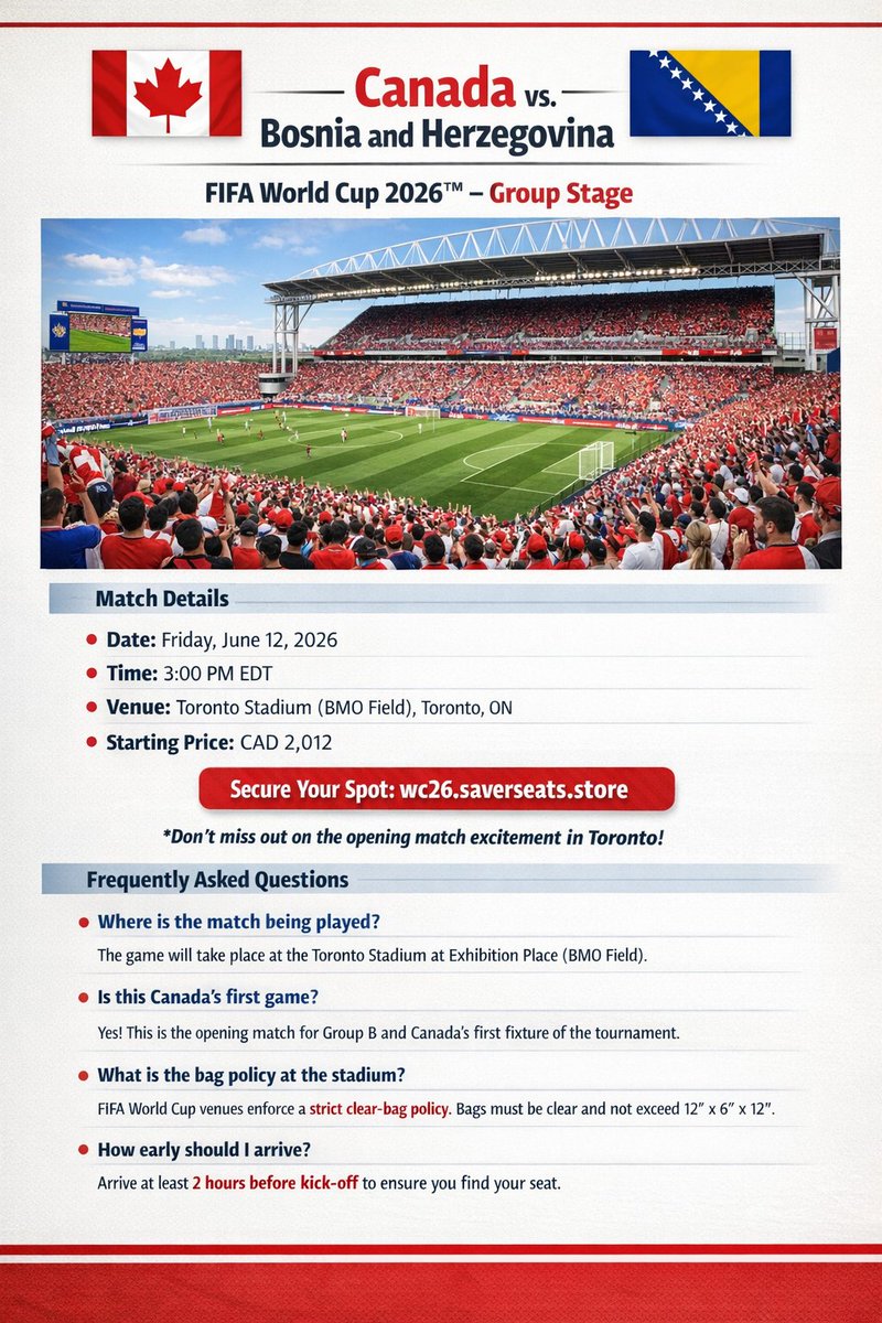 saverseats's tweet photo. @TouchlineX Don’t miss history! Watch Canada take on Bosnia live at the World Cup 2026 ⚽ Get your tickets now 🎟️ https://t.co/poGrcy0p7F⁠�
#FIFAWorldCup #WorldCupFinal #FootballTickets #CanadaVsBosniaTickets #VIPWorldCupExperience #FamilyWorldCupTickets https://t.co/5LgpKZjdWN