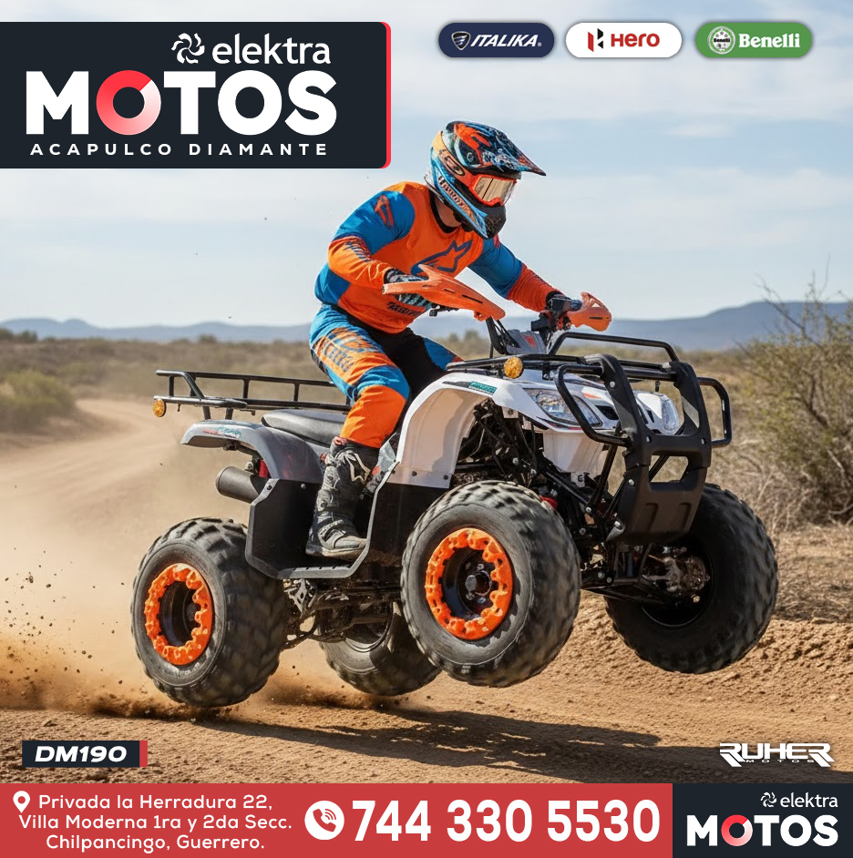 RUHERMOTOS's tweet photo. ATV190: diversión y potencia en cualquier terreno lista para la acción. La ATV190 es perfecta para trabajo  ligero, ranchos o para quienes quieren iniciar en el mundo off-road. 📷Motor 190 cc confiable 📷 Disponible en RUHER Motos 📷Agencia Acapulco 📷 744 1072 751 #ruhermotos https://t.co/JiyyN3Cvv2