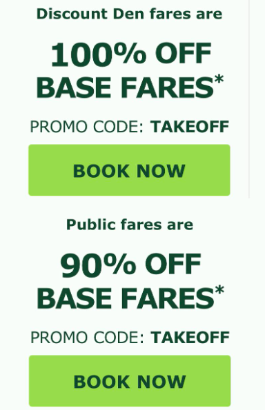 FRONTIER 90% - 100% OFF BASE FARES PROMO CODE: TAKEOFF