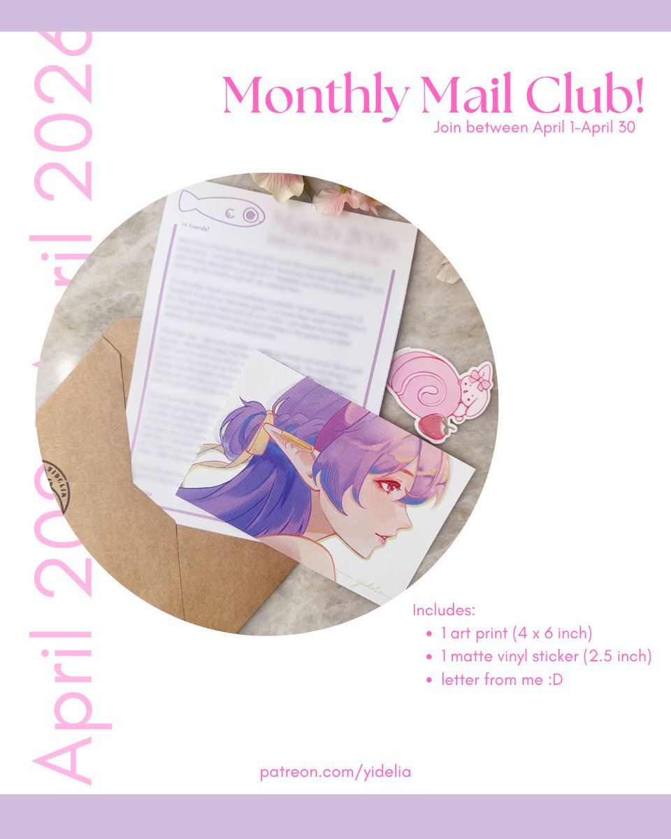 April Monthly Mail Club rewards! sign ups are available from now until april 30th (link in bio)!

Rewards this month feature a 4x6 inch print of my OC, Yiran, a 2.5 inch roll cake bunny vinyl sticker, and a letter from me!