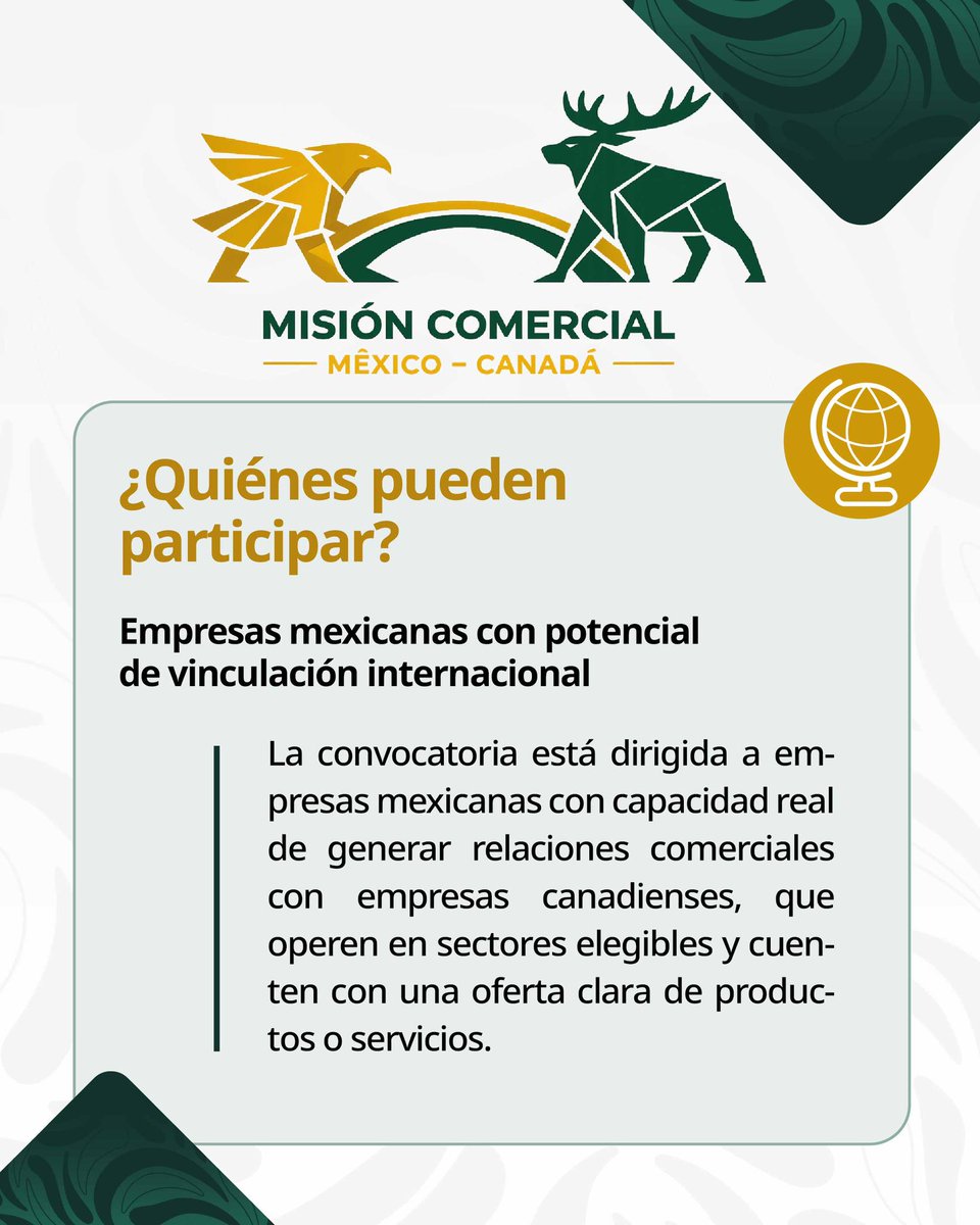 SE_mx's tweet photo. ¡Lleva tu empresa al mercado canadiense!
 La Misión Comercial de 🇲🇽 a 🇨🇦 es una iniciativa de la Secretaría de Economía para impulsar oportunidades de negocio y alianzas estratégicas para empresas mexicanas en sectores de alto potencial.

Participa en https://t.co/BHzZXrXWdk https://t.co/DHopIPj1JT
