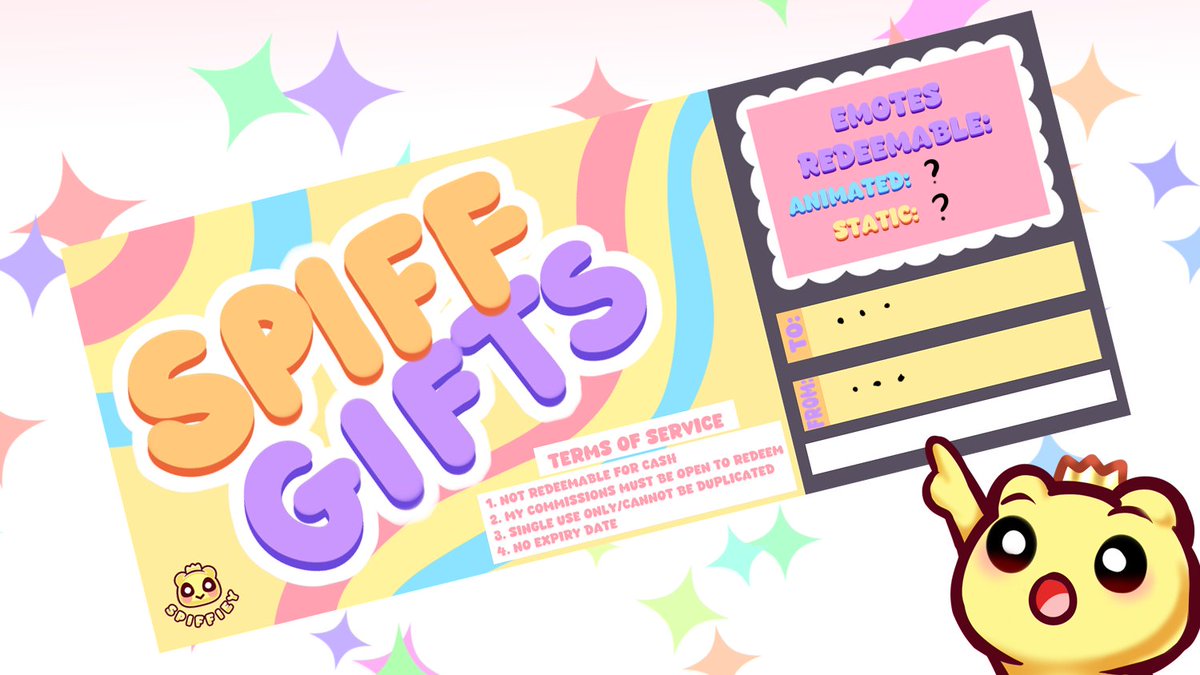 Spiffieyy's tweet photo. 🎁INTRODUCING SPIFF GIFTS🎁
Ever wanted to gift your friend some emotes? Now you can! 

I have gift certificates now available for purchase where you can list how many static or animated emotes you'd like gifted to a friend. Just DM me! 

More info here: https://t.co/tOzOmnKMeR https://t.co/BUIhTLc9UE