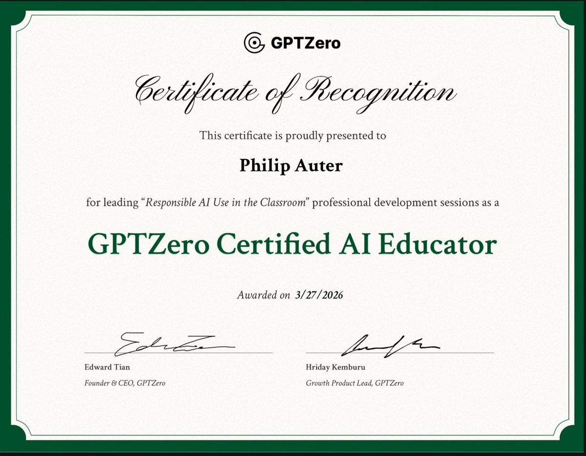 Earned recognition as a <a href="/GPTZeroAI/">GPTZero</a> Certified AI Educator.
In the classroom, the question isn’t whether students will use AI—it’s how we guide them to use it well, ethically, and transparently.