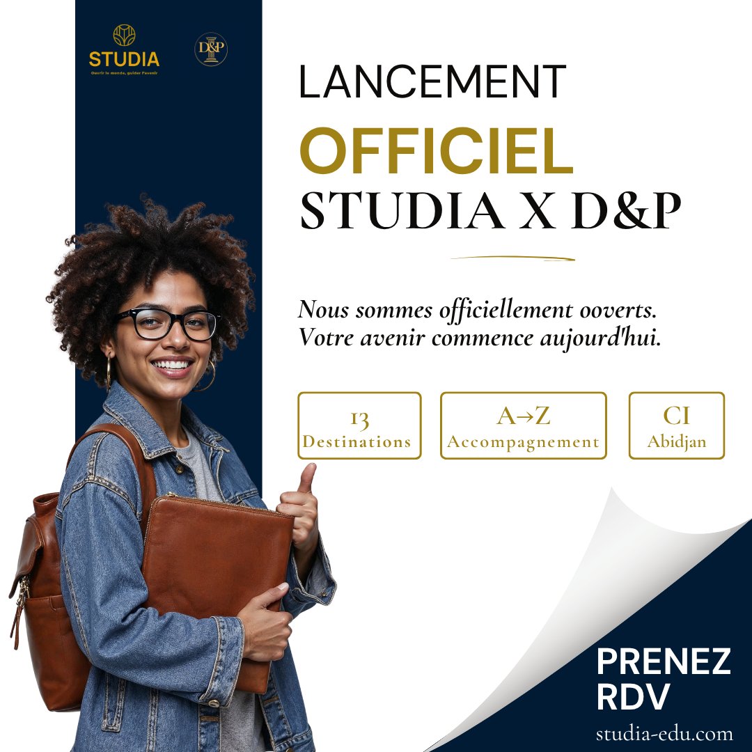 STUDIA_EDU's tweet image. C'est aujourd'hui. STUDIA est officiellement lancé. 🌍
Cabinet d'orientation scolaire basé à Abidjan.
13 destinations. Accompagnement A→Z.
Votre projet d'études à l'étranger commence ici. 🎓
#STUDIA #Lancement #EtudesALEtranger #Abidjan #Afrique
studia-edu.com