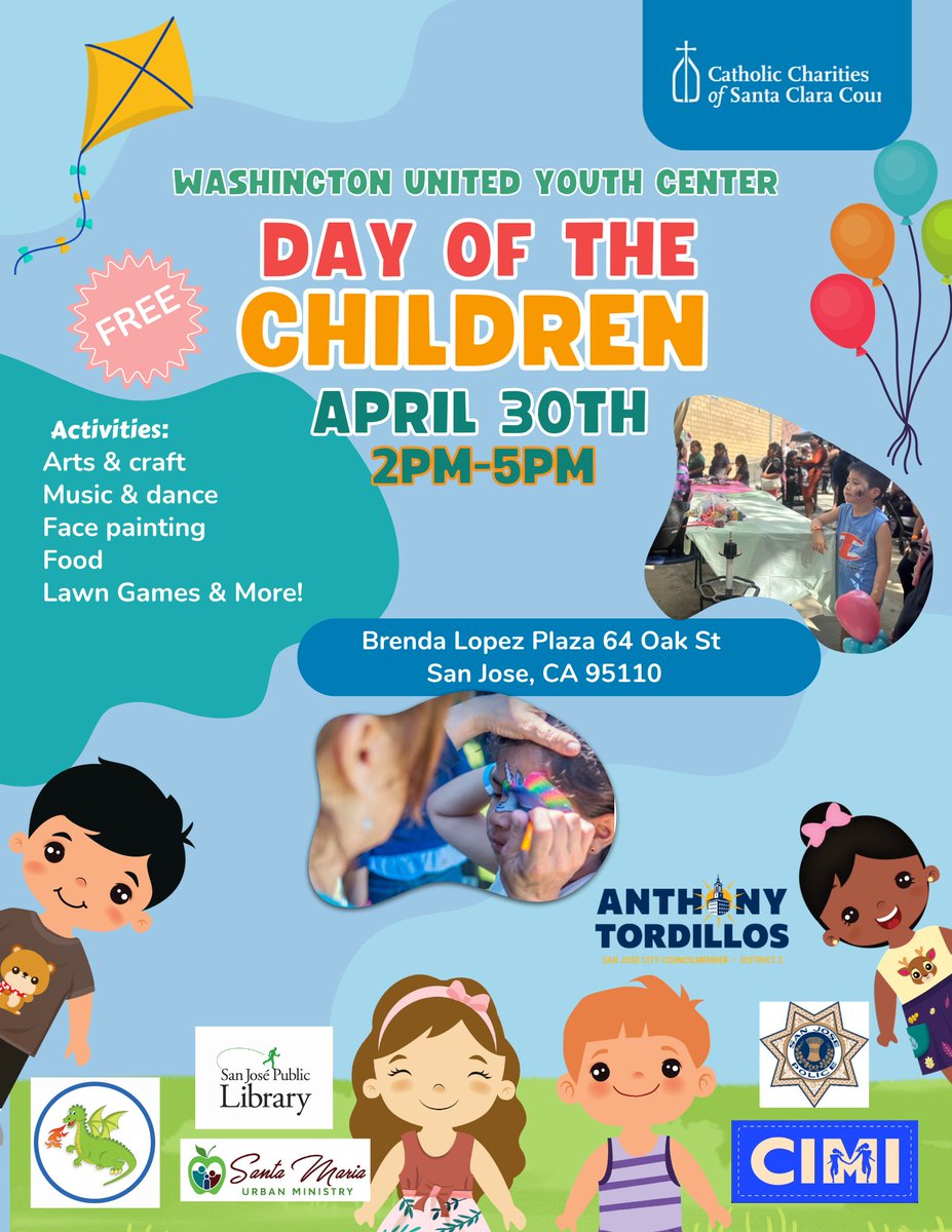 CatholicCharSCC's tweet image. SAN JOSE FAMILIES! Join us for a completely FREE Day of the Children event! 🎈

Presented by @CatholicCharitiesSCC &amp;amp; Washington United Youth Center.

Learn more about WUYC: 👉 bit.ly/WUYC
#SanJose #ChildrensDay #WUYC #FreeEventsSJ