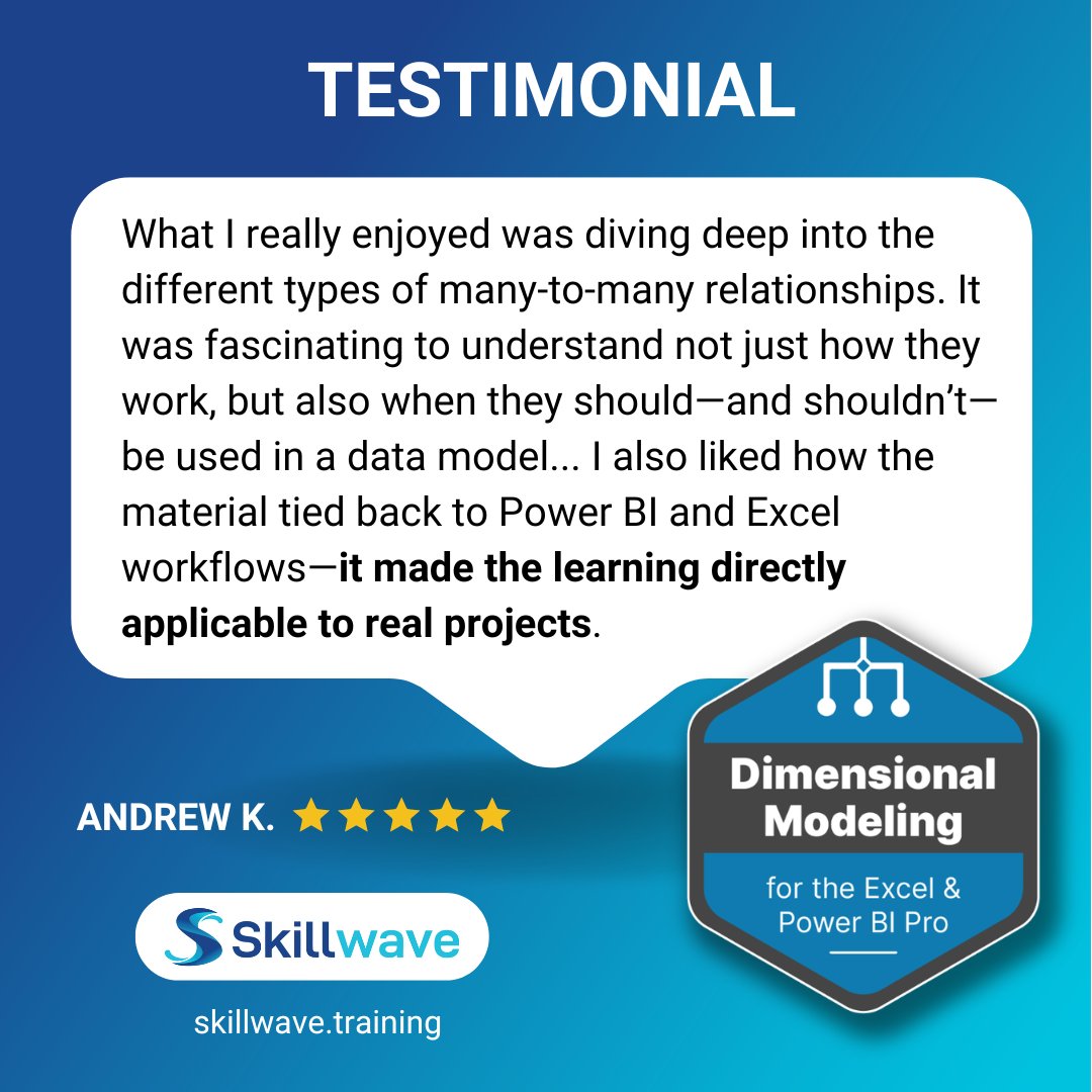 skillwave_'s tweet photo. See why this course gets an avg of 4.95/5 stars! 🌟
#DimensionalModeling is the key to unlocking the power of #Excel and #PowerBI. 🔏 Learn to design and optimize your #DataModel with our video lessons, practice files, downloadable patterns, and more at https://t.co/Xms3SXKVBy https://t.co/DIx9JwGQwK