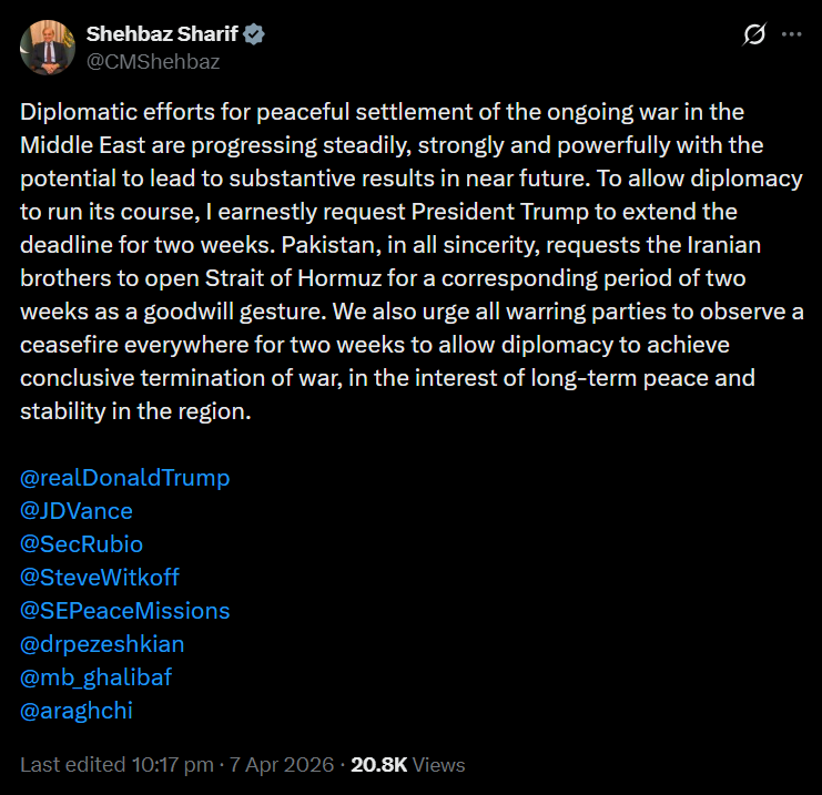 SputnikInt's tweet photo. 🚨🇵🇰 Pakistan asks Trump to extend Iran 'deadline,' pushes talks

Pakistan’s Prime Minister Shehbaz Sharif has called for a two-week window for diplomacy, urging all sides to step back from escalation and give negotiations a chance.

He also appealed for a temporary reopening of the Strait of Hormuz as a “goodwill gesture.”

The appeal comes after US President Donald Trump threatened strikes on Iran’s civilian infrastructure, raising fears of a major escalation across the Middle East.