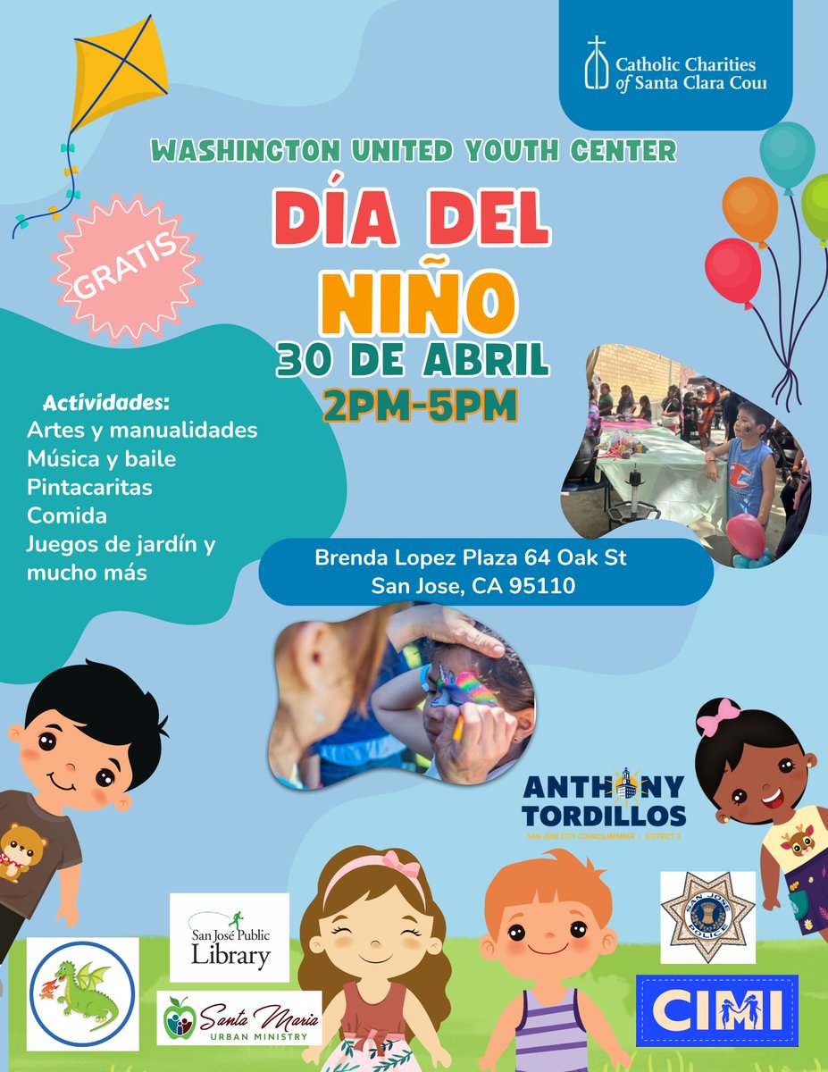 CatholicCharSCC's tweet image. SAN JOSE FAMILIES! Join us for a completely FREE Day of the Children event! 🎈

Presented by @CatholicCharitiesSCC &amp;amp; Washington United Youth Center.

Come out and celebrate our community’s kids! 💙
Learn more about WUYC: 👉 bit.ly/WUYC
#SanJose #ChildrensDay #WUYC
