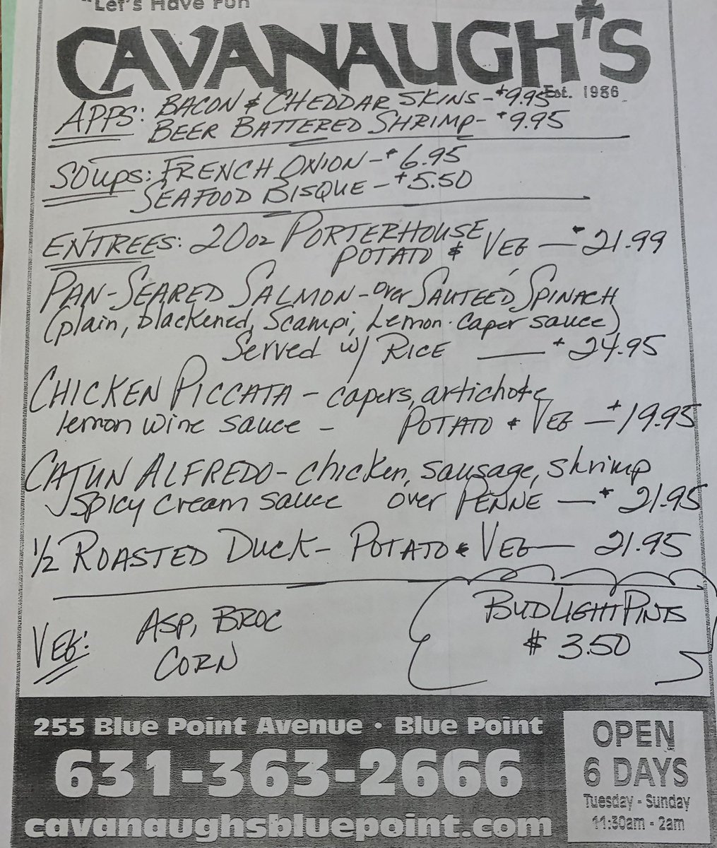 CavanaughsPub's tweet image. Porterhouse Tuesday &amp;amp; Tonight’s Dinner Specials. Kitchen Serving Till 9:30pm
#BluePoint #Bayport #cavanaughs #Porterhouse #Beerofthemonth #BudLight