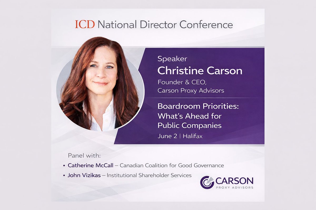 carsonproxy's tweet photo. I’m looking forward to speaking at the ICD National Director Conference on June 2 in Halifax as part of the breakout session “Boardroom Priorities: What’s Ahead for Public Companies.” https://t.co/ldA1R2Gbj3