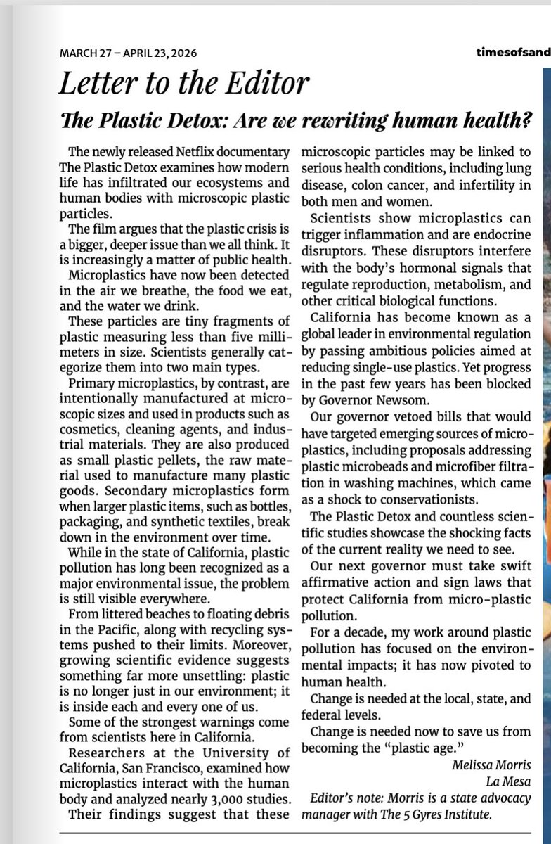5gyres's tweet photo. "Change is needed to now save us from becoming the 'plastic age'."

In a powerful letter to the editor, Melissa Morris, 5 Gyres’ State Community Advocacy Manager, calls on California leaders to pass plastic legislation informed by science.

Full letter: https://t.co/ZmDzCZIrjR https://t.co/HzzwVV0cX2