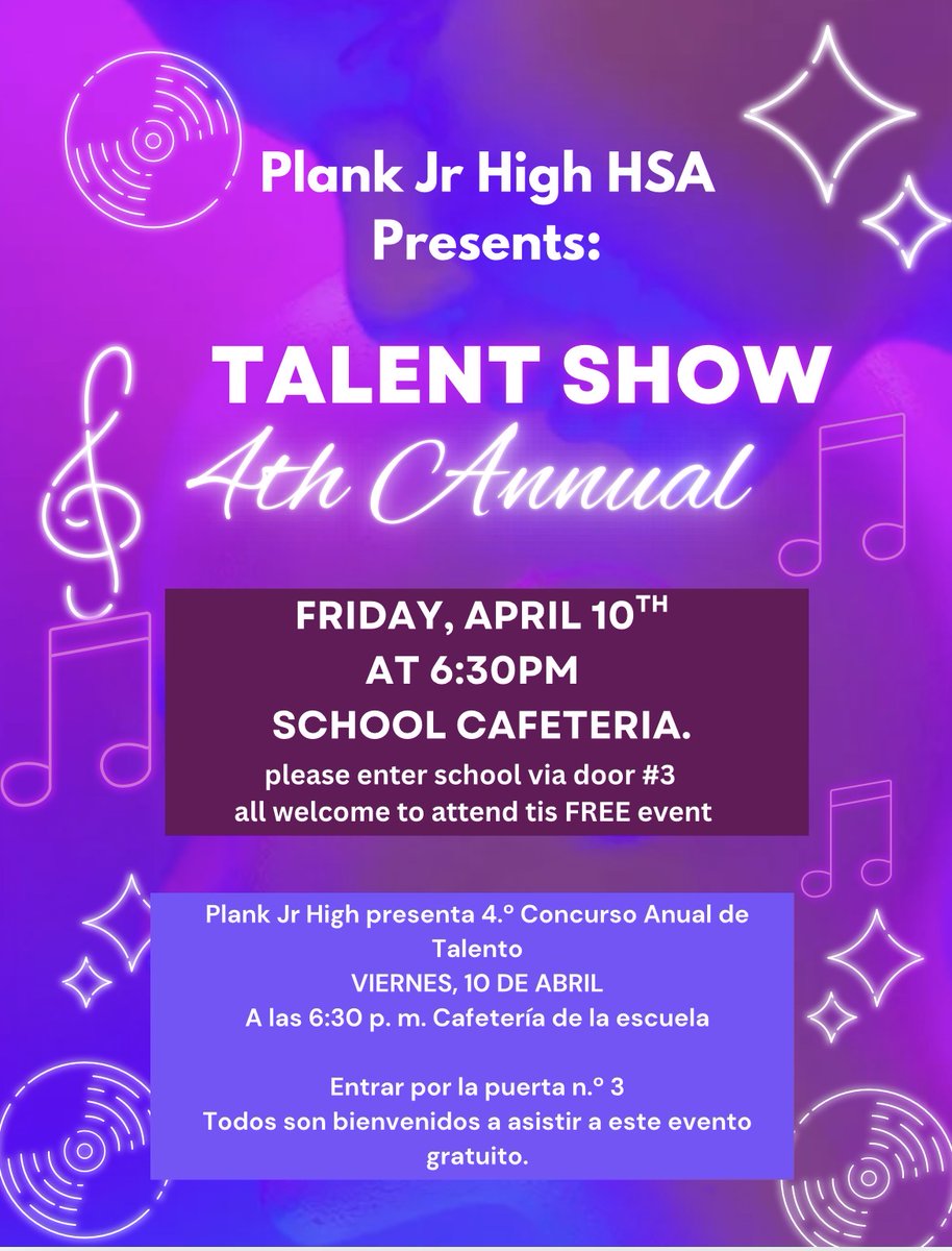 Plank Jr. High HSA is excited to invite you to their 4th Annual Talent Show on Friday, April 10th at 6:30 PM. Join us for an evening of amazing performances and help support our talented students—we hope to see you there!