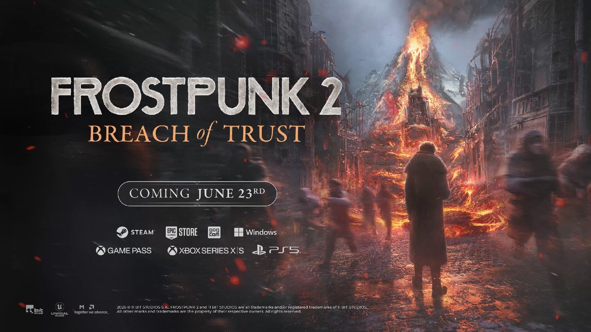 frostpunkgame's tweet image. #BreachOfTrust launches June 23rd for both PC and console versions of #Frostpunk 2.

Step into a trial of fire and wishlist now 🌋

🔥Wishlist now:  re.11bits.com/yuo
❄️Get #Frostpunk games with the lowest price ever: re.11bits.com/mxi