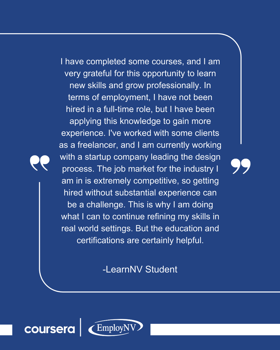 EmployNVNorth's tweet image. 💡 "I’ve applied what I learned through LearnNV to real projects and led design at a startup. These courses were invaluable in growing my skills."

Nevadans: Access @coursera for free to build your resume! 💻

Apply: c4b-integration.com/EmployNV

#CareerGrowth #Upskill #LearnNV