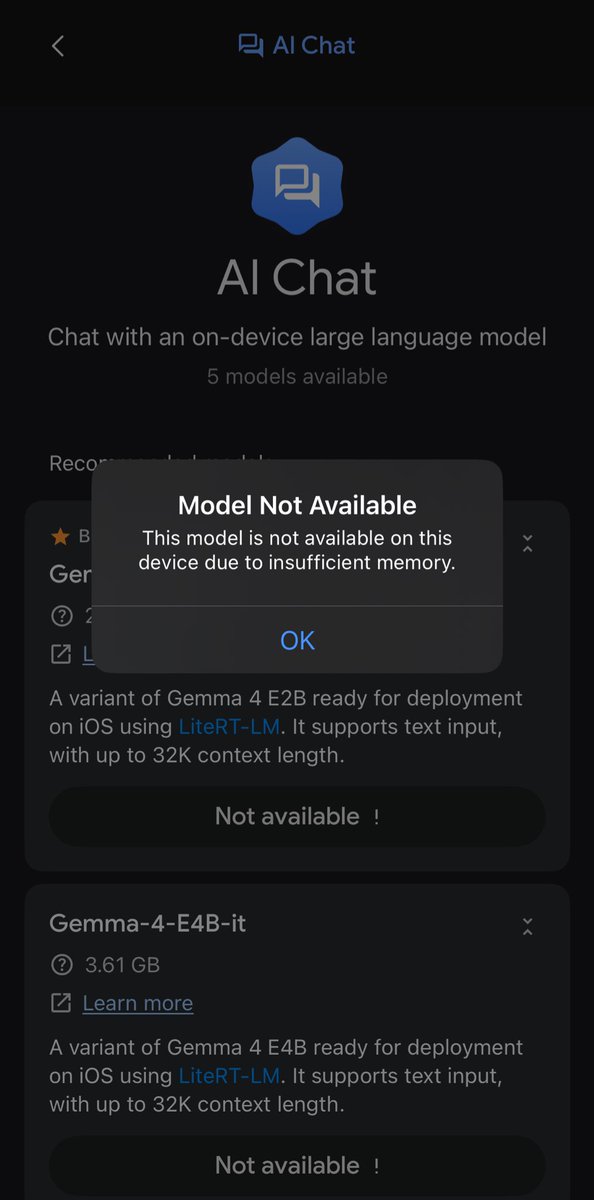 ocihano's tweet photo. I try the gemma 4 but result insufficient memory 🥲 @googlegemma https://t.co/IzSYDPnyyK