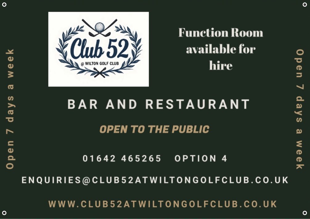 Club 52 at Wilton Golf Club is officially open for business 🍾🍾🥂🥂

club52atwiltongolfclub.co.uk

Please share share share