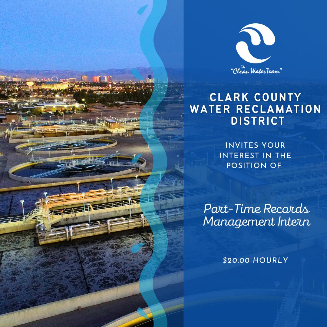 Cleanwaterteam's tweet photo. New opportunities to join the Clean Water Team! Apply now for the Wastewater/Water Analytical Senior Chemist and Part-Time Records Management Intern positions with the Clark County Water Reclamation District!

Details at https://t.co/r6GwQvecD7

#hiring #jobs #cleanwaterteam https://t.co/sPNwpqAmRT
