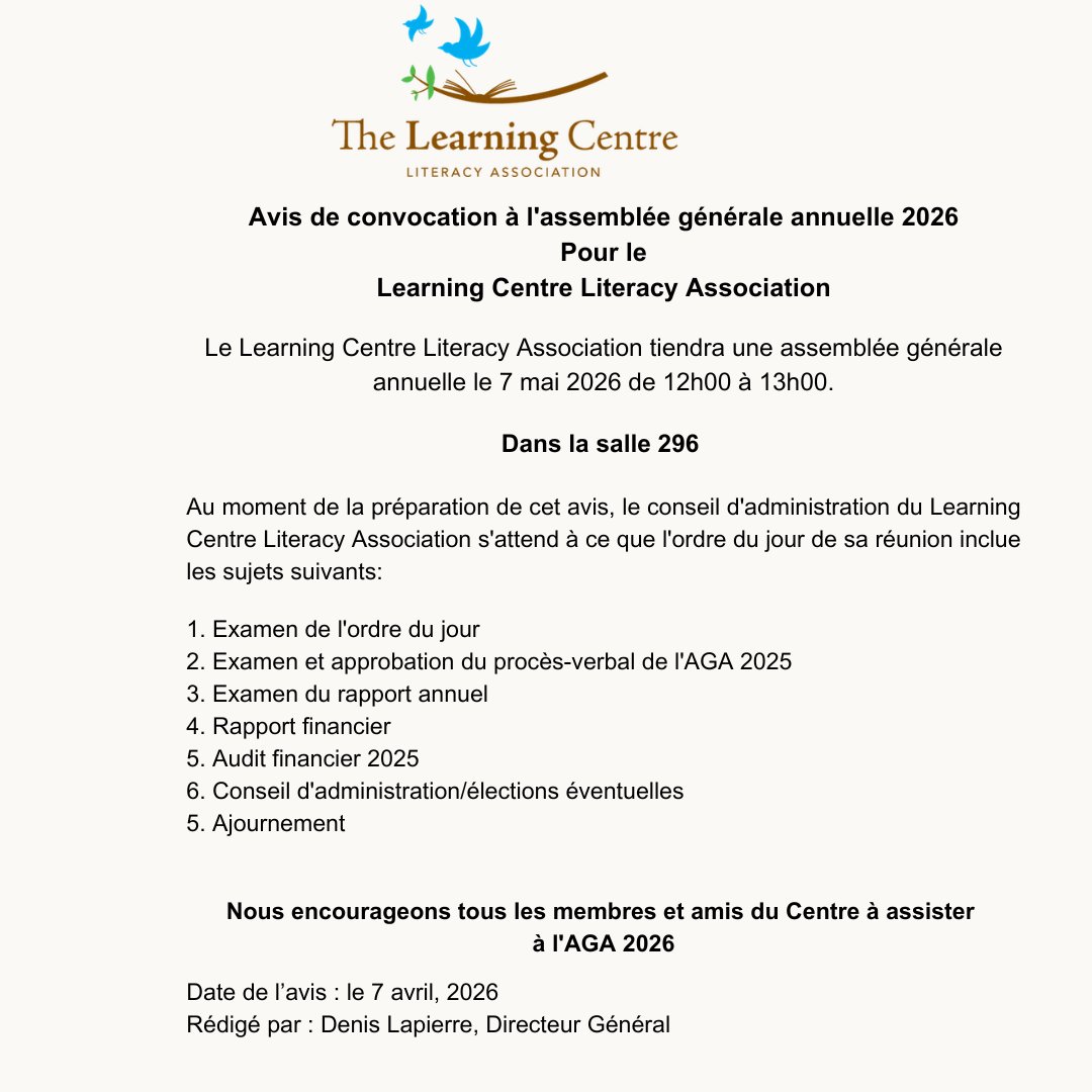 TheLCLA's tweet photo. The Learning Centre Literacy Association will be holding a general meeting on:
May 7, 2026 from 12:00 pm – 1:00 pm. https://t.co/6e9ekvvAtT