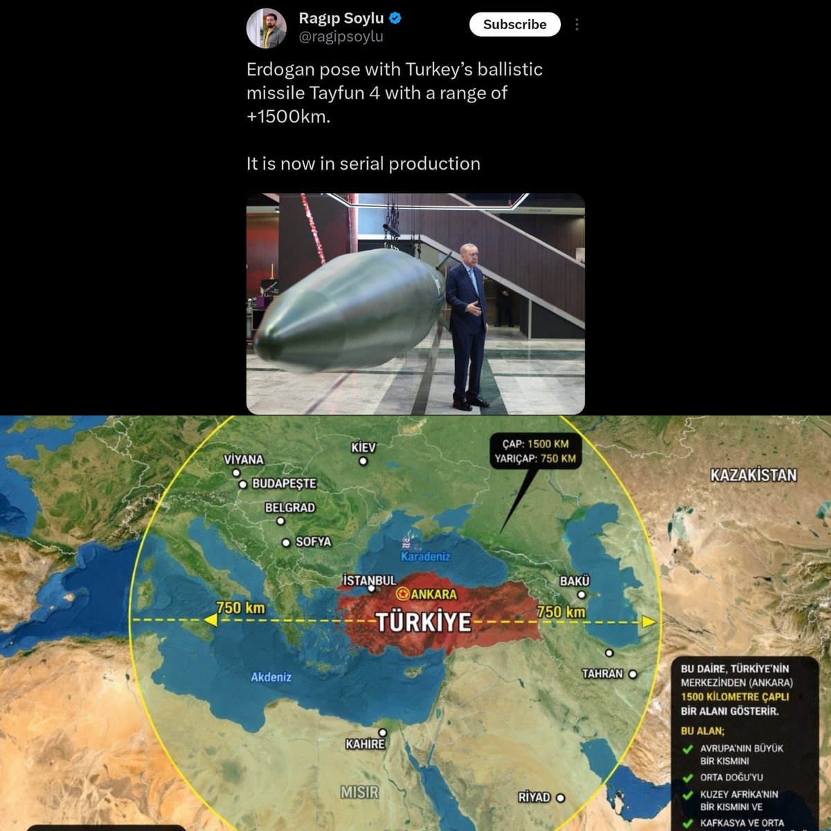 Ukrainene's tweet image. Therefore, #Turkey has become the new #Iran. Operating under the #NATO umbrella, #Erdogan is developing ballistic missiles similar to Iran's program. In collaboration with the Russians, Turkey is constructing nuclear power plants and is also clandestinely enriching uranium.
