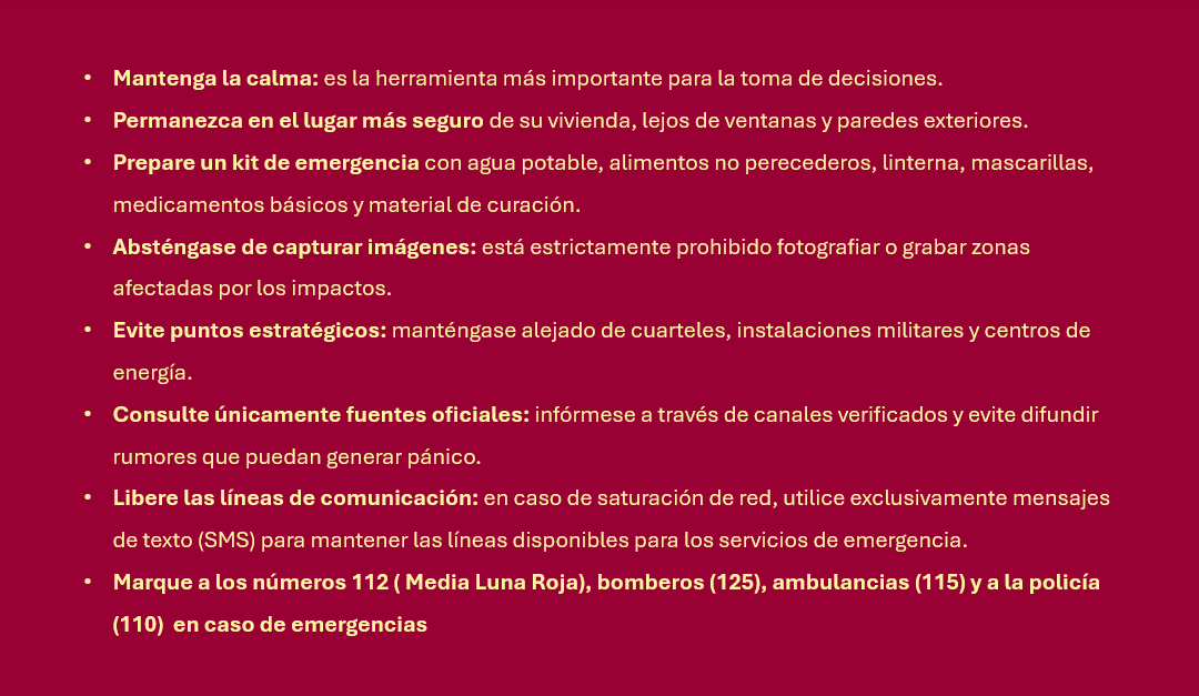 Ante el posible agravamiento de la situación en el país por el conflicto bélico, la Embajada de México en Irán recomienda intensificar las medidas de precaución:
