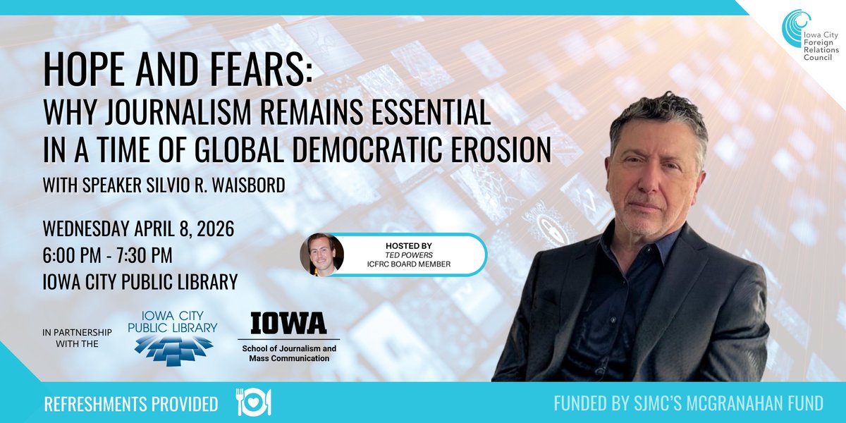 ICFRC's tweet photo. Join us tomorrow for an important conversation on the role of journalism in a time of global democratic erosion.

This event is free and open to all. Refreshments will be provided.

Register here: https://t.co/2C1DX7RhCe

#ICFRC #IowaCity #Journalism #Democracy #Media https://t.co/1OGc4j3cCV
