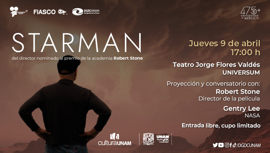 Ciencia_UNAM's tweet image. #Agenda | ¡Cita imperdible para amantes del espacio y el cine! 🔭✨
Acompaña a Robert Stone (Director nominado al Premio de la Academia) y a Gentry Lee (NASA) en la proyección y conversatorio de STARMAN.
📍 Teatro Jorge Flores Valdés en @UniversumMuseo 
¡Te esperamos! 👨‍🚀