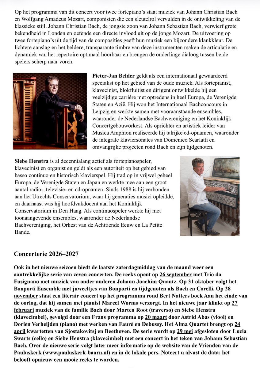 BaarnKunst's tweet photo. Op zaterdagmiddag 25 april spelen Pieter-Jan Belder en Siebe Henstra op twee fortepiano’s composities van Johann Christian #Bach en Wolfgang Amadeus #Mozart in de Pauluskerk in Baarn. Opnieuw een concert dat liefhebbers niet aan zich voorbij mogen laten gaan! https://t.co/4mOwQhH0nf