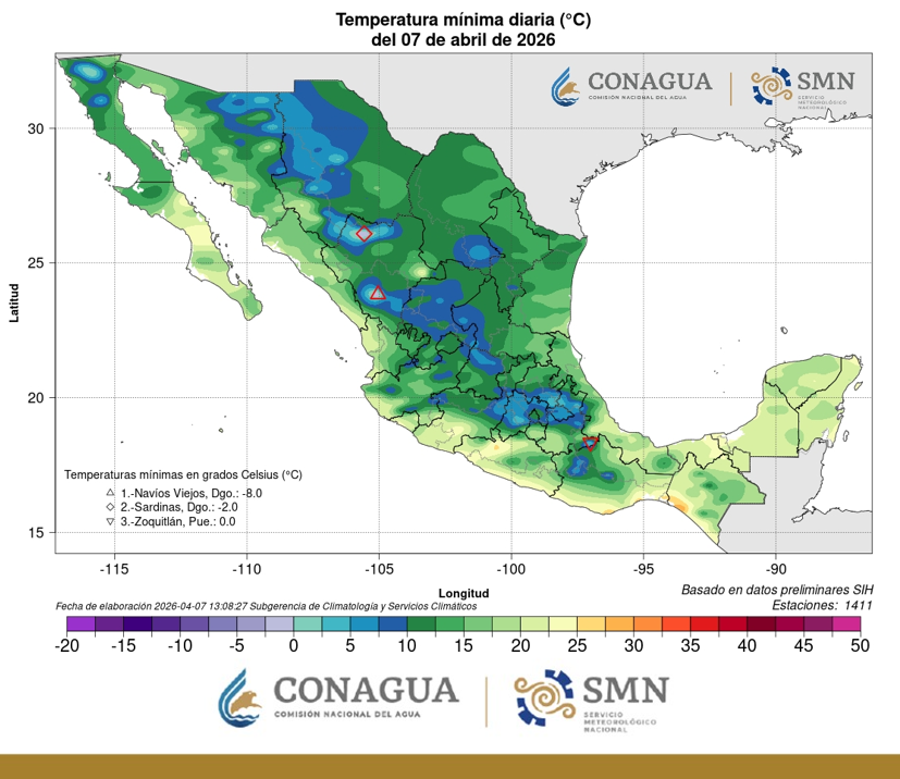 conagua_clima's tweet image. La #Temperatura más baja de hoy en #México fue de -8 grados Celsius en Navíos Viejos, #Durango. Si requieres descargar nuestros mapas visita diariamente smn.conagua.gob.mx/es/climatologi…