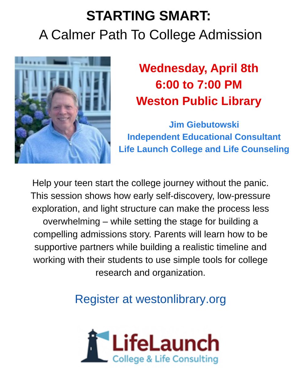 WestonLibrary's tweet photo. Are you getting anxious about applying to college?  It is not too late to sign up for Starting Smart: A Calmer Path to College Admissions! https://t.co/UFPCfMfpcO