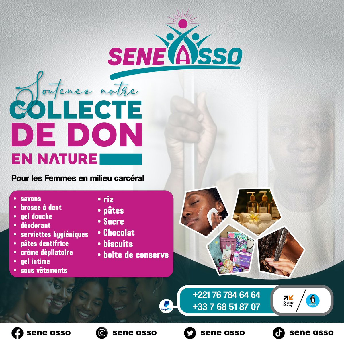 AssoSene's tweet image. APPEL AUX DONS❤️

SeneAsso se mobilise pour apporter son soutien aux femmes incarcérées pour participer au maintien de leur dignité au quotidien.

Appelez pour la collecte des dons en nature ou contribuez via Wave pay.wave.com/m/M_sn_lmbZiSA… ou au 767846464 par OM

#SeneAsso #partage