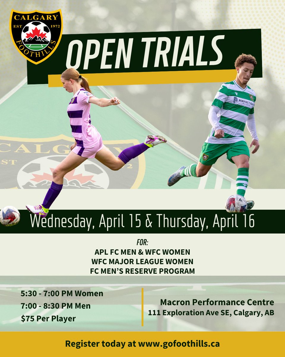 FoothillsFCU23's tweet image. Open Trials are almost here ⚽️

April 15 and 16
Macron Performance Centre
Women 5:30 PM
Men 7:00 PM
$75

Showcase your talent in a high-performance environment.

Limited spots. Register now:
gofoothills.ca/event/open-tri…

#YYCSoccer #OpenTrials #CalgaryFoothills