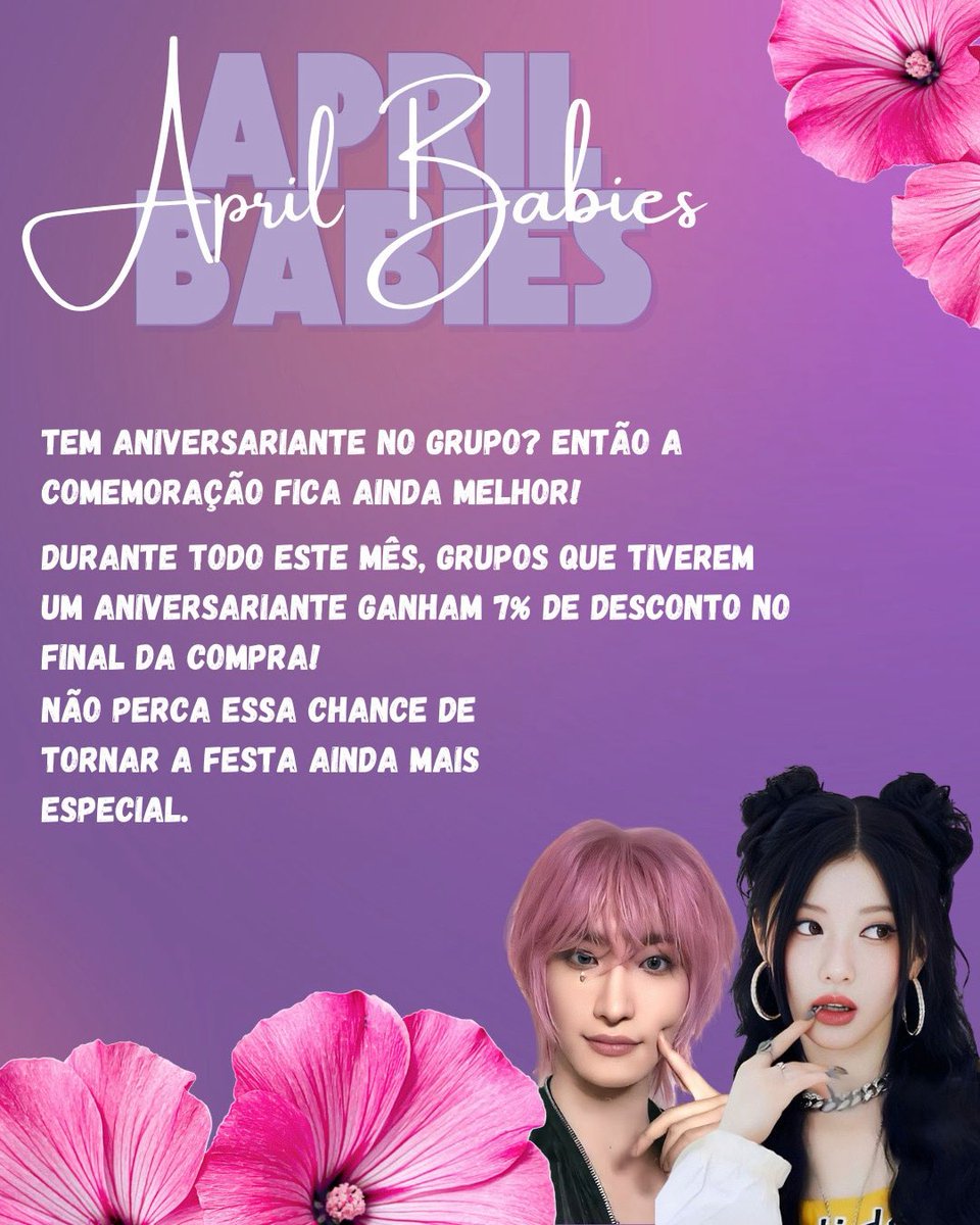 0325design's tweet photo. ✦ APRIL BABIES 🎂

Tem aniversariante no grupo? Então tem desconto!
Ganhe 7% de desconto na compra de qualquer grupo que esteja na promoção! 

#photocard #KPOP #collector #0325design https://t.co/qMCbWwQXqX