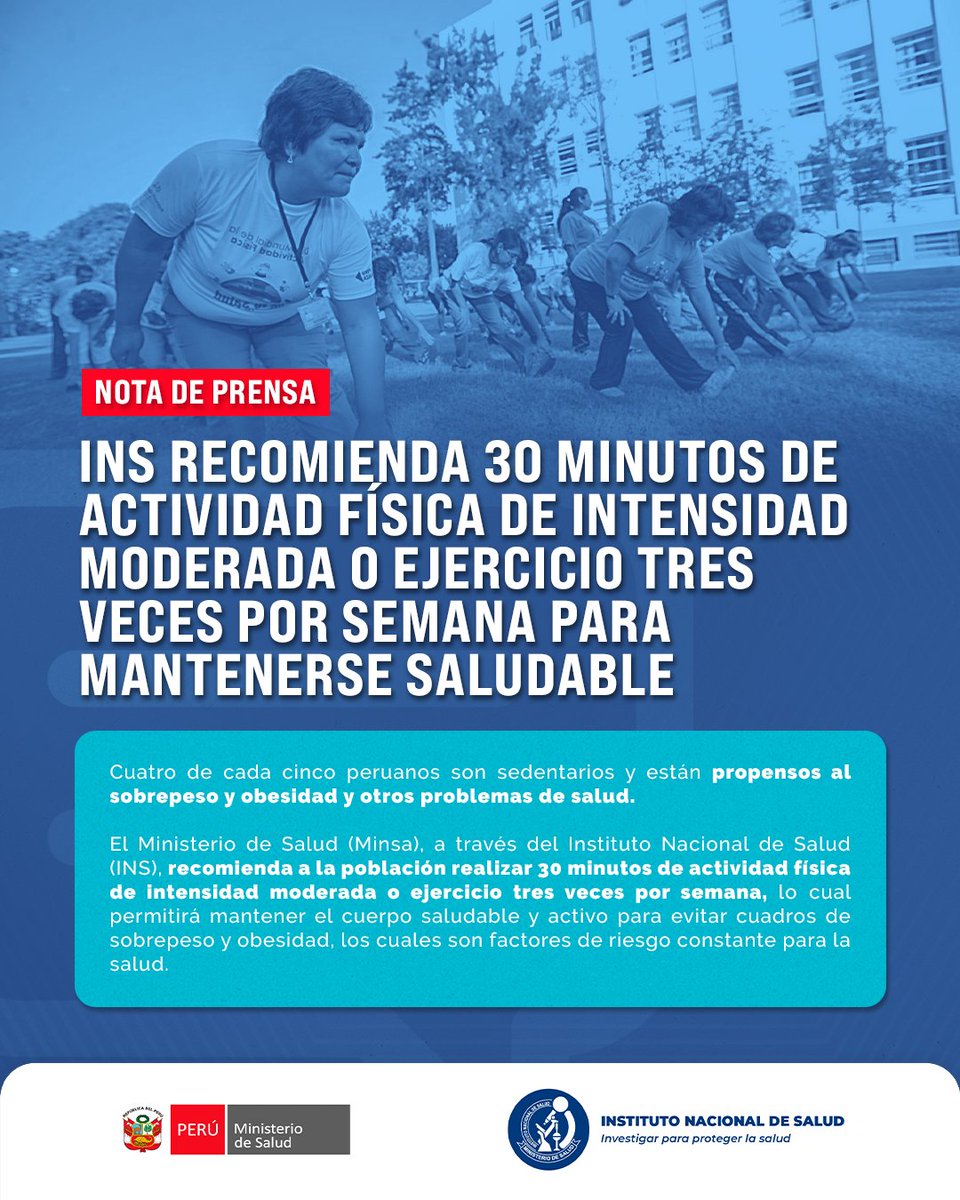 INS_Peru's tweet image. 🗒️ #NotaDePrensa | 🏃‍♂️ INS recomienda 30 minutos de actividad física de intensidad moderada o ejercicio tres veces por semana para mantenerse saludable

▶️ Revisa la nota completa: gob.pe/es/n/1375284

#INS #VidaSaludable #ActividadFísica #SaludPerú