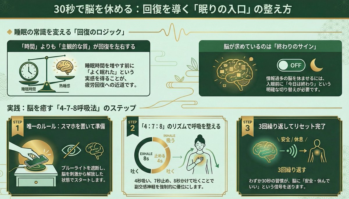 kenji30selfcare's tweet photo. 「寝た時間」より「眠りに入る質」のほうが、
回復に先に影響していました。

慢性的な不眠症を対象にした
複数の実験結果をまとめた分析で
こんな事実が明らかになっています。

「眠れた気がする」という
主観的な睡眠の質が改善すると
日中の疲労感やパフォーマンスが
先に変わることが示されました。

一方で——

「実際に眠れた時間」などの
客観的な指標への効果は
まだ不確実性が残っています。

つまりこういうことです。

7時間寝ても疲れている人は
眠れていないのではなく
「眠りへの入り方」が
整っていないだけかもしれない。

時間を増やす前に
眠りに入る質を整えることが
先に体の回復につながる
可能性があります。

脳は意外と
「今日は終わり」という
切り替えのサインを待っています。

そのサインを
意図的に作るのが
今夜からできることです。

今日からできる「眠りの入口を整える」30秒ケア↓

【4-7-8呼吸法】

①鼻から4秒かけてゆっくり吸う
②そのまま7秒息を止める
③口から8秒かけてゆっくり吐く
④これを3回繰り返す

息を止めて長く吐くことで
副交感神経が優位になり
脳が「安全・休んでいい」と
判断し始めます。

スマホを置いてから
この呼吸を始めることが
唯一のルールです。

この投稿、
「寝ても疲れが取れない」と感じている人に
届いてほしいので
保存してもらえると嬉しいです。

「1ミリでも楽になりたい」と思ったら
フォローして受け取ってください。
@kenji30selfcare

#東洋医学 #睡眠 #セルフケア