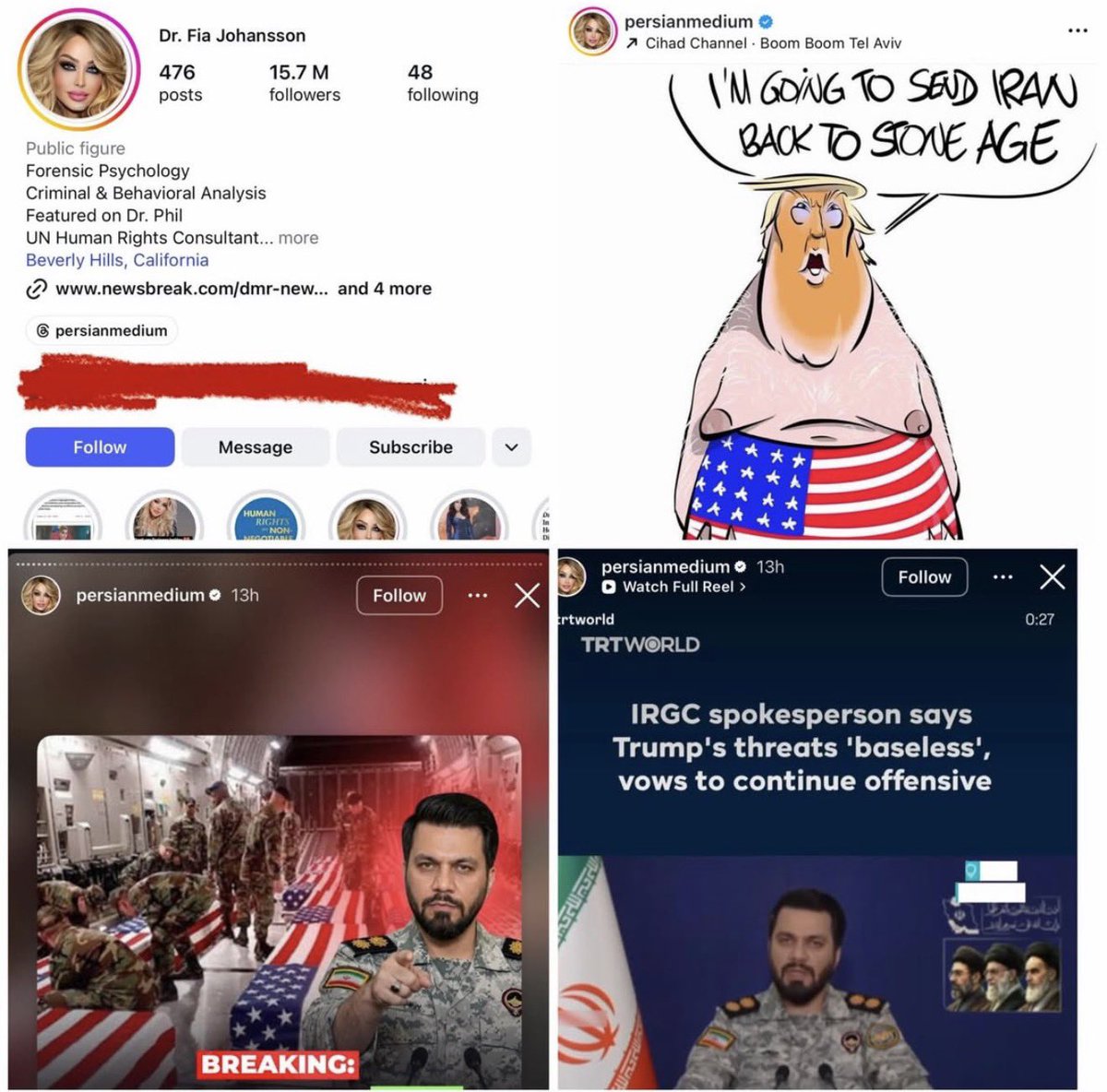 این مثلا دکتر با بیش از ۱۵ میلیون فالوئر داره از سپاه تروریستی و جمهوری اسلامی تروریستی حمایت میکنه! ایشون آمریکاست! پست ها و استوریهاش رو نگه دارید و به اداره مهاجرت آمریکا گزارش بدید
<a href="/DHSgov/">Homeland Security</a> 
 @persianmedium