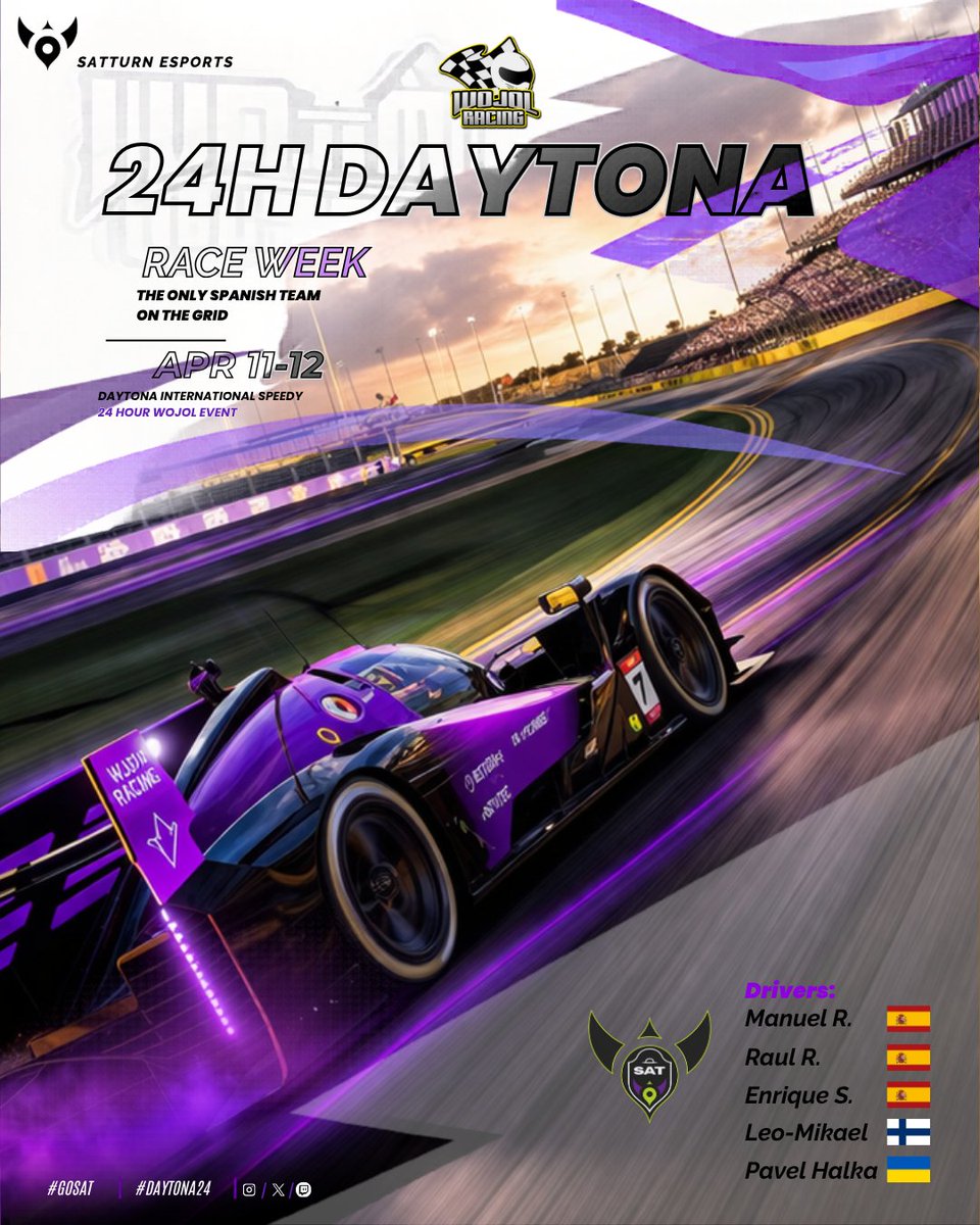 satturnesports's tweet photo. 🪐RACE WEEK🪐
En las 24H de Daytona de WOJOL diremos presente como el único equipo de toda la parrilla con un core hispano.☄️
Orgullosos de representar a nuestra comunidad en una de las carreras más exigentes del calendario. 🪐💜
#GoSAT #24HS https://t.co/0xTIXtLbVr