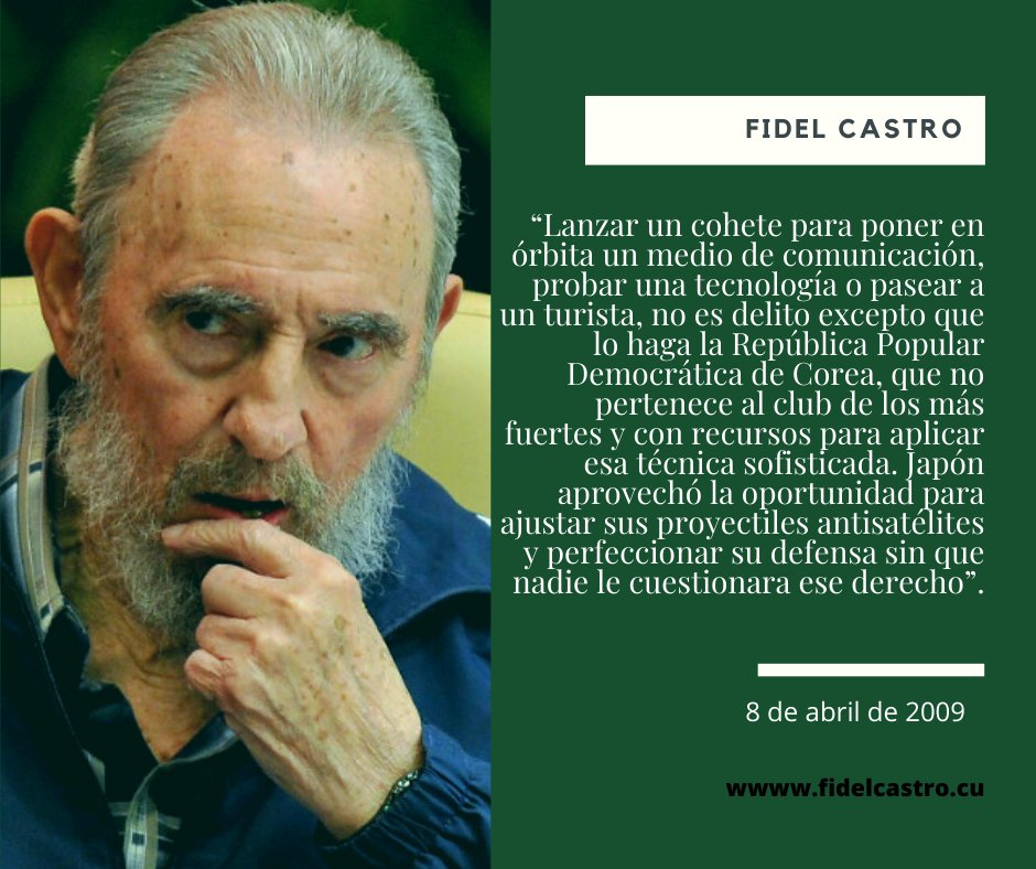 ✍️ Reflexión de #FidelCastro: “Lanzar un cohete para poner en órbita un medio de comunicación, probar una tecnología o pasear a un turista, no es delito excepto que lo haga la República Popular Democrática de Corea...”.

fidelcastro.cu
#100AñosConFidel #Cuba #Revolución