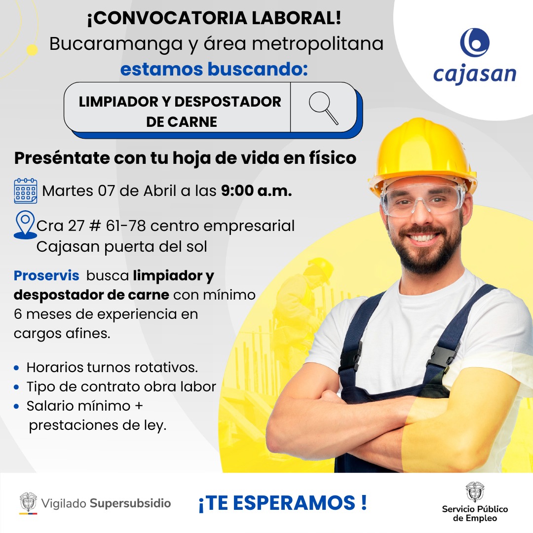 cajasan's tweet photo. ¡Vacante en Bucaramanga!
Buscamos limpiador y despostador de carne con mínimo 6 meses de experiencia.

📅 Martes 07 de abril | 9:00 a.m.
📍 Cajasan Puerta del Sol
📄 Lleva tu hoja de vida en físico

Salario mínimo + prestaciones de ley.
Te esperamos. https://t.co/D98VJTvAVA