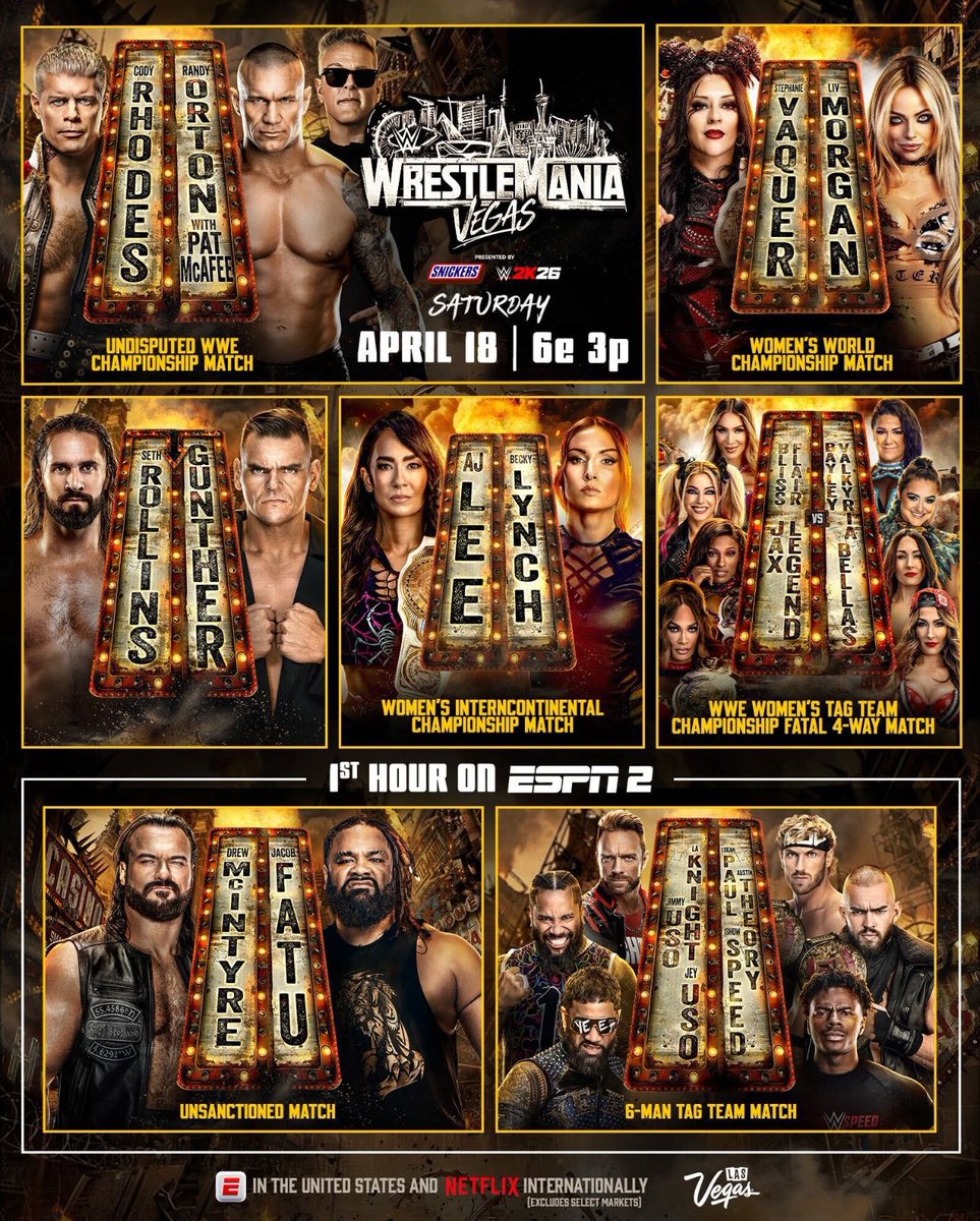 SrAlexGomez's tweet photo. La cartelera de WrestleMania 42 ya es oficial.

Noche 1:
▫️Rhodes vs. Orton
▫️Vaquer vs. Morgan
▫️Rollins vs. Gunther
▫️Lee vs. Lynch
▫️Fatal-4-Way femenino
▫️McIntyre vs. Fatu
▫️The Vision y Speed vs. Usos y LA Knight

Noche 2:
▫️Punk vs. Reigns
▫️Bálor vs. Mysterio
▫️Cargill vs. Ripley
▫️Zayn vs. Williams
▫️Lesnar vs. Oba Femi
▫️Ladder Match