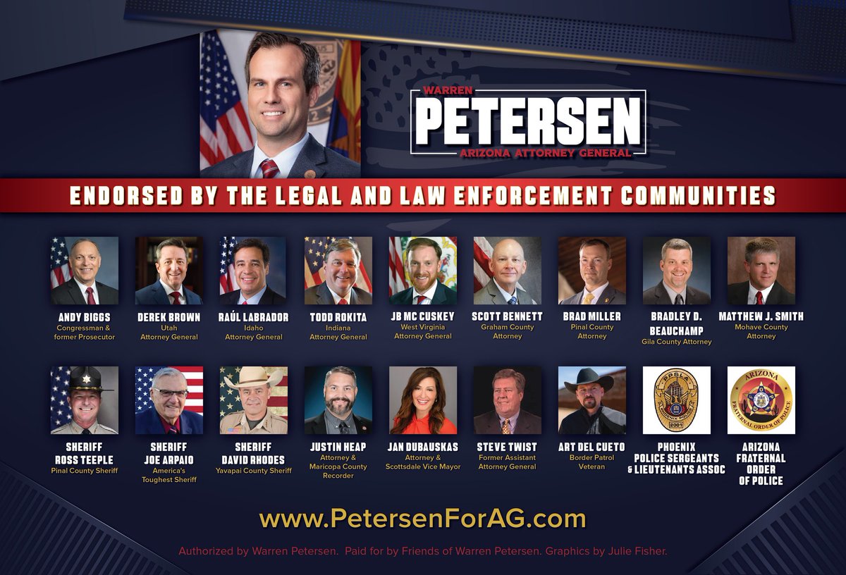 votewarren's tweet photo. Great news — the Fraternal Order of Police has officially endorsed our campaign!

The FOP is one of Arizona’s largest public safety organizations in our state, and the largest in the nation. Honored to have their strong support. 

Our campaign continues to build momentum as the clear leader in endorsements from both the legal community and public safety professionals.

Thank you, FOP!