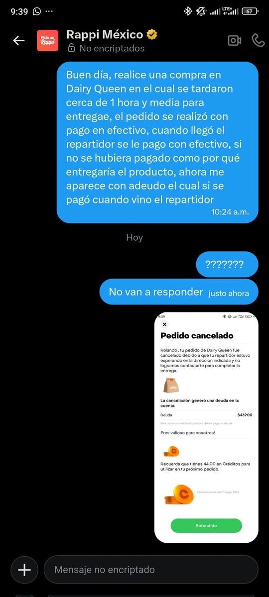 intersstela's tweet photo. @RappiMexico @SChecoPerez Continuamos con el mismo mal servicio, no me dan una solución y yo no voy a pagar doble, acaso ya se tiene que revisar con @Profeco ??? https://t.co/WsBu6s1bvQ