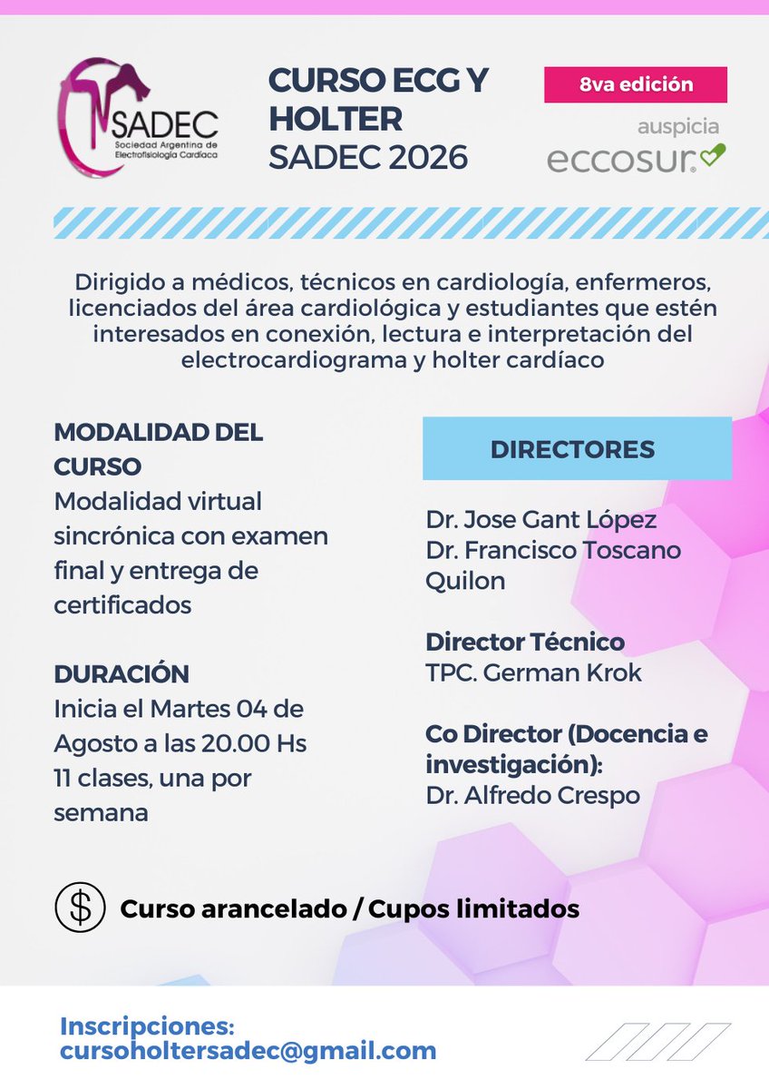 SADECOFICIAL's tweet photo. Curso ECG y Holter SADEC 2026

Dirigido a médicos, técnicos en cardiología, enfermeros, licenciados del área cardiológica y estudiantes.

Inicia el Martes 04 de Agosto a las 20.00 Hs
11 clases, una por semana

Más Información: https://t.co/PE5MGpG8x9 https://t.co/nVQsjzB3na