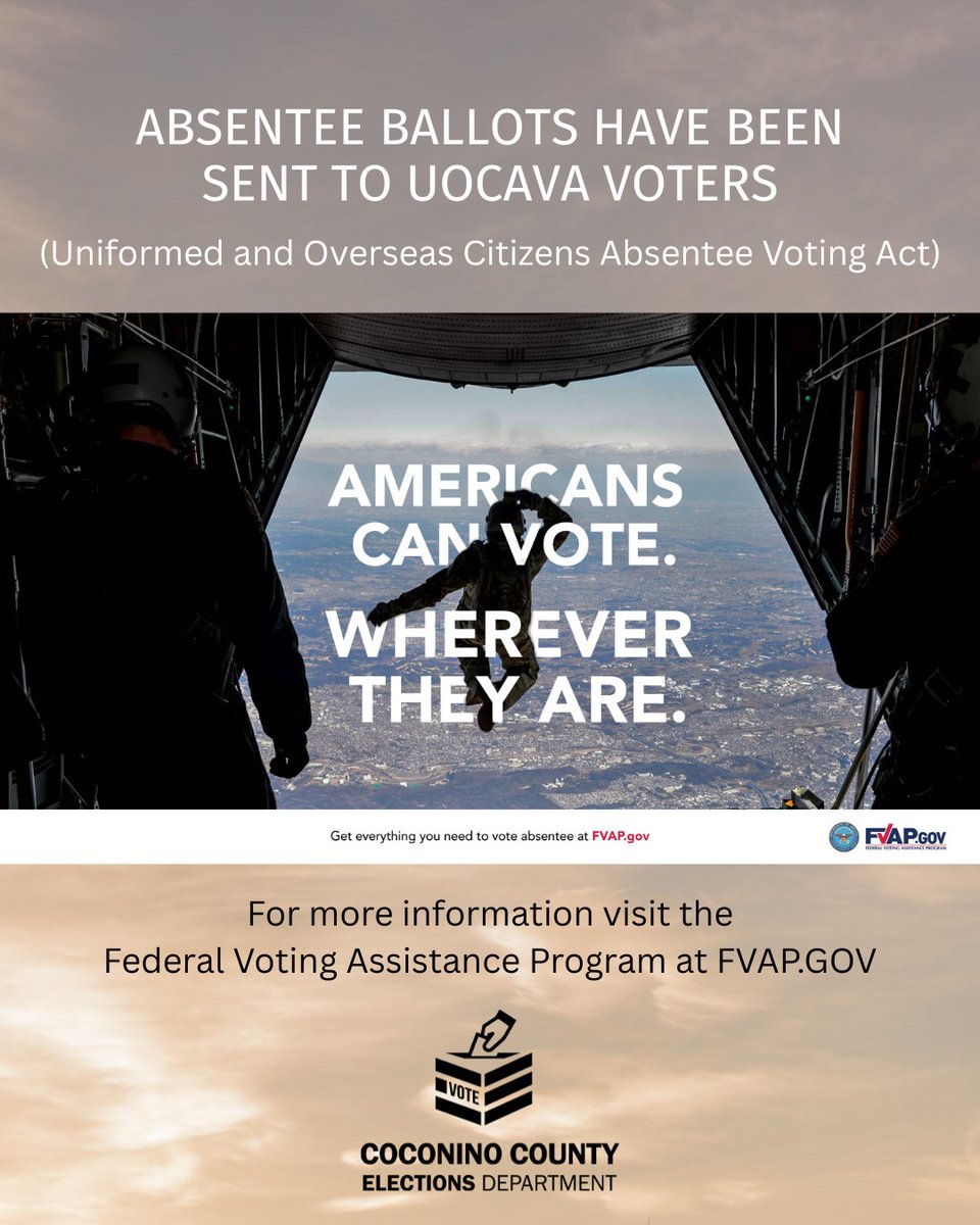 CoconinoVote's tweet image. Attention military &amp;amp; overseas voters! 🌍✈️

Ballots for the upcoming May 19 City of Flagstaff Special Election are heading your way. Check your inbox or mailbox soon! 🗳️

Be sure to return your voted ballot to ensure it’s counted.

#UOCAVA #ArizonaVotes #ServiceMembers🗳️
