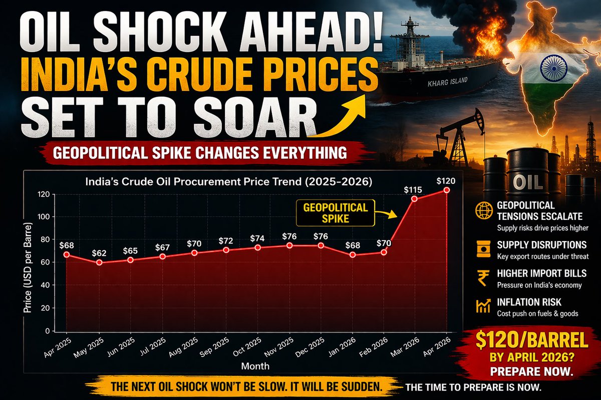 HemanNamo's tweet image. India isn’t just buying oil anymore.
It’s absorbing a global shock. 🛢️

$69 → $120 in weeks.

👉 The real story?
Not pump prices.
But fiscal pressure + hidden subsidies + future inflation.

The bill always arrives. Just delayed.
#IndiaEconomy #EnergySecurity