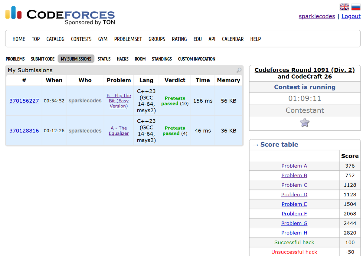 sparklecodes's tweet image. Solved 2 problems for the first time in div 2 codeforces contest✌️