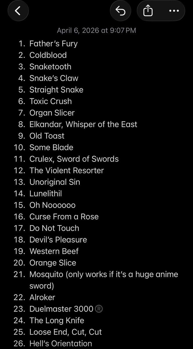 jplepore's tweet photo. Trying to not think about nuclear war so here’s 50 sword names for your next D&amp;D game https://t.co/zqzZ0IvzVV