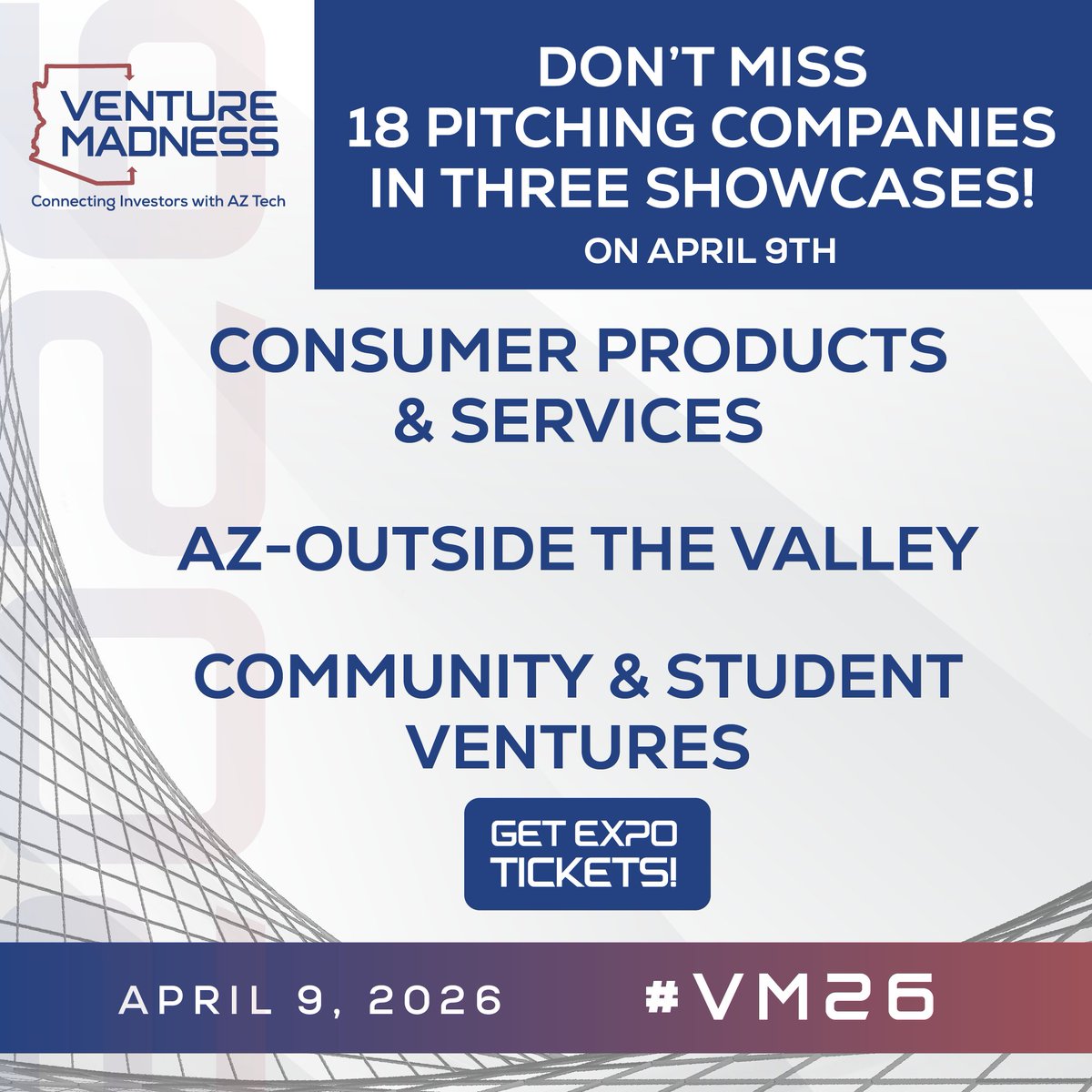 VentureMadness's tweet photo. The Venture Madness  2026 Conference and Expo welcomes 18 pitching companies to the stage. Hear from both early stage and growth companies in Arizona's tech ecosystem. 🎟️ If you haven't already, get your ticket at https://t.co/0ENv4BDm2y https://t.co/LwNm7HH9Aj